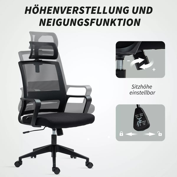 Toimistotuoli Ergonominen työtuoli käsinojalla, säädettävä niskatuki, korkeussäädettävä verkkokehätuoli keinutoiminnolla, musta