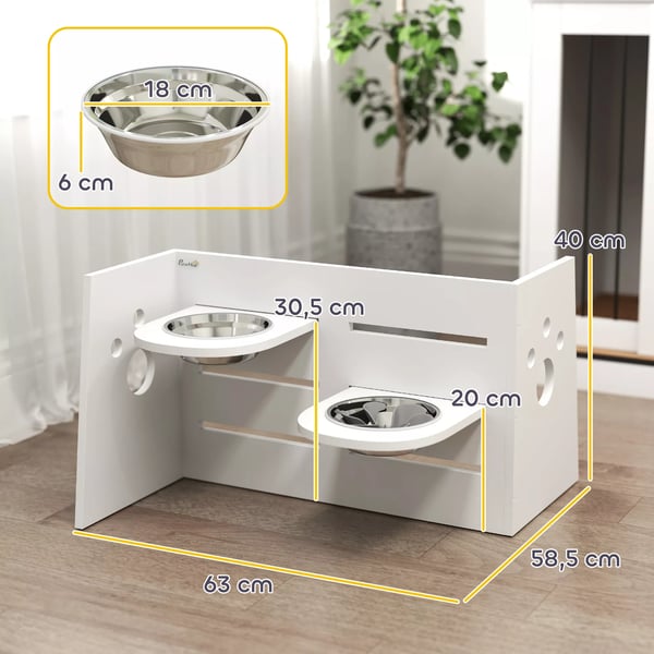 PawHut Hj, justerbar hundeskl, hvid, rustfrit stl/MDF, med anti-sluge mtte