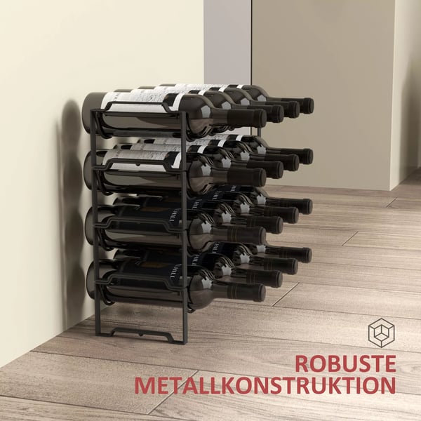 HOMCOM Viiniteline 16 pullolle - Metallinen, Musta Säilytysteline Keittiöön ja Ruokasaliin