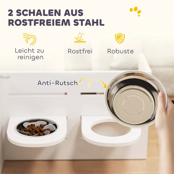 PawHut Hj, justerbar hundeskl, hvid, rustfrit stl/MDF, med anti-sluge mtte