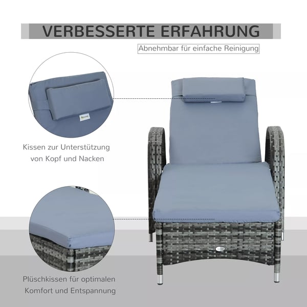 Outsunny haveliggestol, solseng, mobil med hynde, polyrattan+metal, grå, 200x73x30-103cm