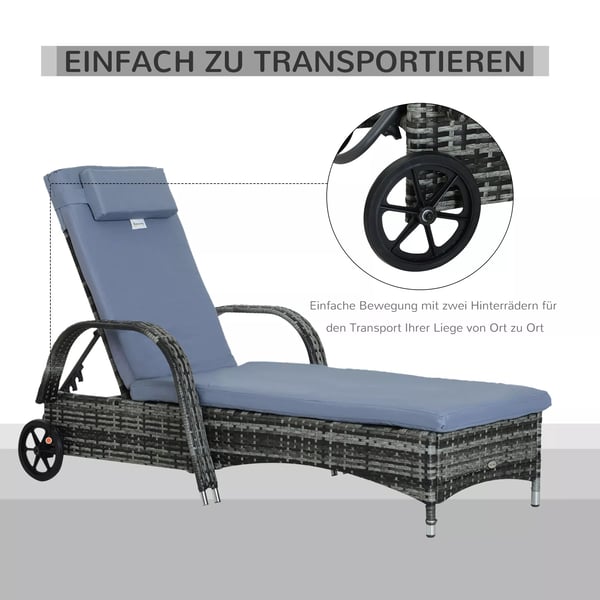 Outsunny haveliggestol, solseng, mobil med hynde, polyrattan+metal, grå, 200x73x30-103cm