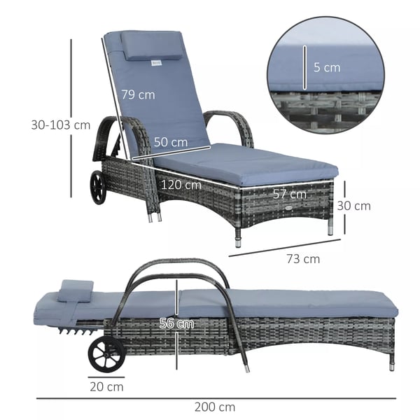 Outsunny haveliggestol, solseng, mobil med hynde, polyrattan+metal, grå, 200x73x30-103cm