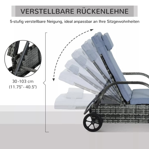 Outsunny haveliggestol, solseng, mobil med hynde, polyrattan+metal, grå, 200x73x30-103cm