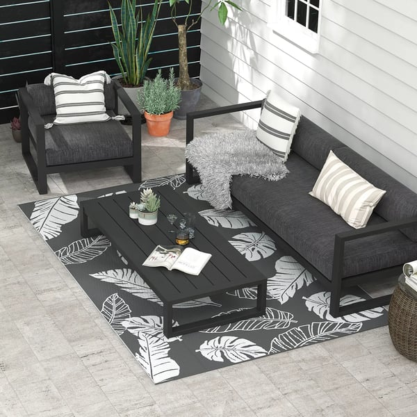 Outsunny udendørstæppe, vejrbestandigt plastiktæppe, dobbeltsidet design til altan & terrasse, grå+hvid, 182x274cm