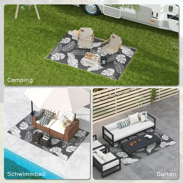 Outsunny udendørstæppe, vejrbestandigt plastiktæppe, dobbeltsidet design til altan & terrasse, grå+hvid, 182x274cm