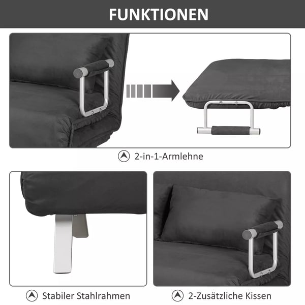 HOMCOM 2-istuttava vuodesohva, 3-in-1 toiminto, mokkanahkajäljitelmää, harmaa (Polyesteri)