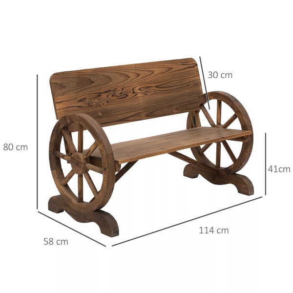 Outsunny havebænk med armlæn, bænk med vognhjulsdesign, havemøbler, rustik bænk, massivt træ, brun, 114 x 58 x 80 cm