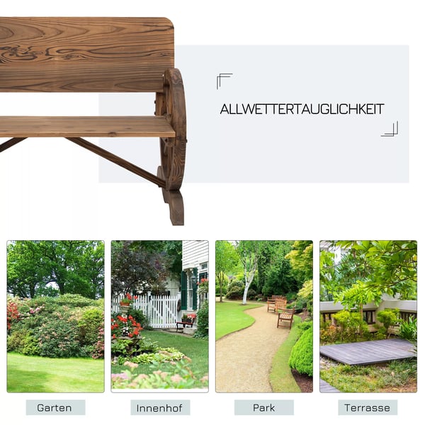 Outsunny havebænk med armlæn, bænk med vognhjulsdesign, havemøbler, rustik bænk, massivt træ, brun, 114 x 58 x 80 cm