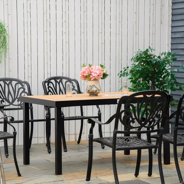 Outsunny haverbord, 6 personer, spisebord, letplejet aluminiumsbord, havemøbel, plast, natur+sort, 140x90x74cm