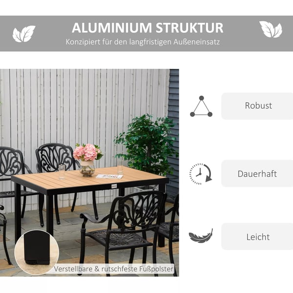 Outsunny haverbord, 6 personer, spisebord, letplejet aluminiumsbord, havemøbel, plast, natur+sort, 140x90x74cm