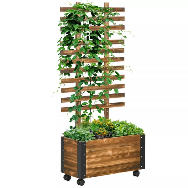 Outsunny højbed med espalier, plantekasse med hjul, plantekasse med klatrestøtte, til klatreplanter, lavet af træ, forkullet, 65 x 31 x 147 cm