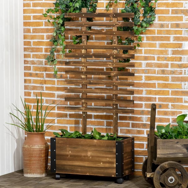 Outsunny højbed med espalier, plantekasse med hjul, plantekasse med klatrestøtte, til klatreplanter, lavet af træ, forkullet, 65 x 31 x 147 cm