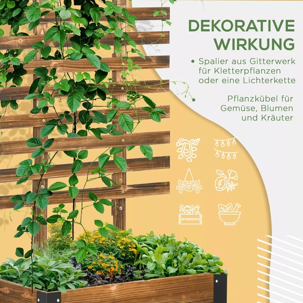Outsunny højbed med espalier, plantekasse med hjul, plantekasse med klatrestøtte, til klatreplanter, lavet af træ, forkullet, 65 x 31 x 147 cm