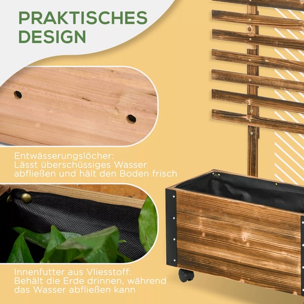 Outsunny højbed med espalier, plantekasse med hjul, plantekasse med klatrestøtte, til klatreplanter, lavet af træ, forkullet, 65 x 31 x 147 cm