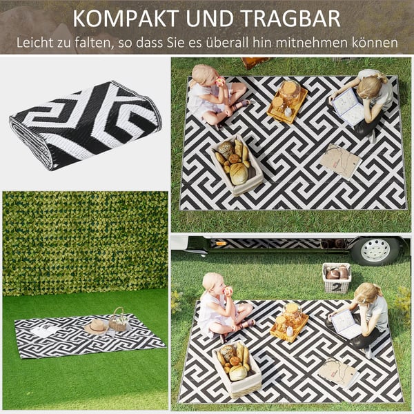Outsunny udendørs tæppe plastiktæppe med dobbeltsidet design vandafvisende altantæppe sort+hvid 121 x 182 cm