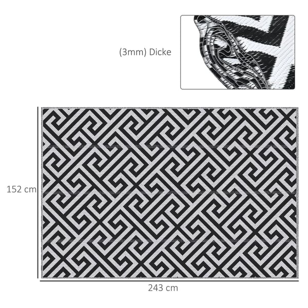 Outsunny Udendørs Tæppe, Plastik Vandafvisende Balkontæppe, Dobbeltsidet Design, Sort+Hvid, 152x243cm