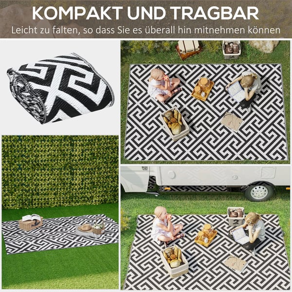 Outsunny Udendørs Tæppe, Plastik Vandafvisende Balkontæppe, Dobbeltsidet Design, Sort+Hvid, 152x243cm