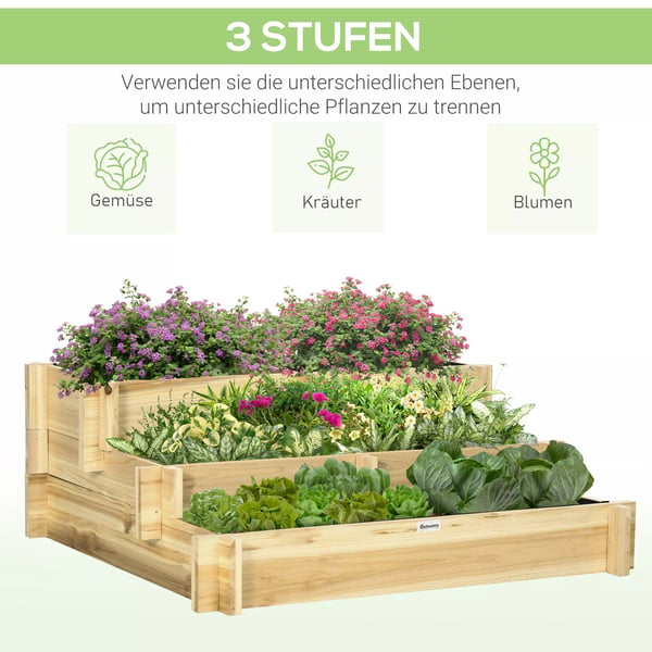 Outsunny Højbed i Gran - 3 niveauer, Plantekasse til altan og have, Naturlig trælook, 93x93x35 cm