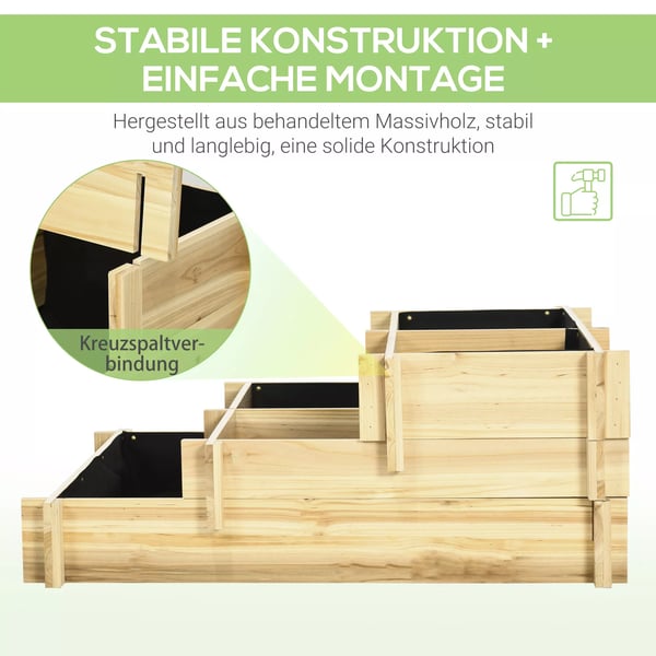 Outsunny Højbed i Gran - 3 niveauer, Plantekasse til altan og have, Naturlig trælook, 93x93x35 cm