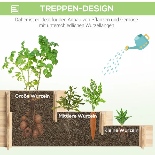 Outsunny Højbed i Gran - 3 niveauer, Plantekasse til altan og have, Naturlig trælook, 93x93x35 cm