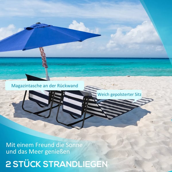 Outsunny strandmåtte 2-pak, foldbar, justerbar, med bære- og magasintaske, stål, oxford-stof, blå/hvid