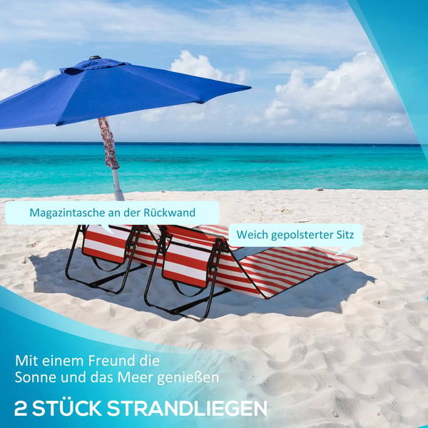 Outsunny 2-pak strandmåtte foldbar justerbar solstol strandmadras med bæretaske rød 142x51x40cm