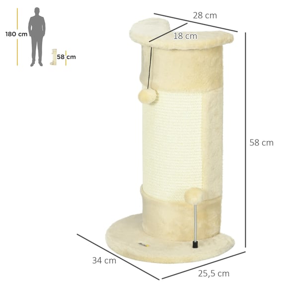 PawHut kissan raapimispylväs 58 cm - Sisal-raapimispinta ja pallolelu - Kermanvalkoinen
