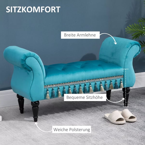 HOMCOM siddebænk, luksuriøs polstret bænk, taburet af polyester og skum, stilfuld, blå, 117x40x58cm