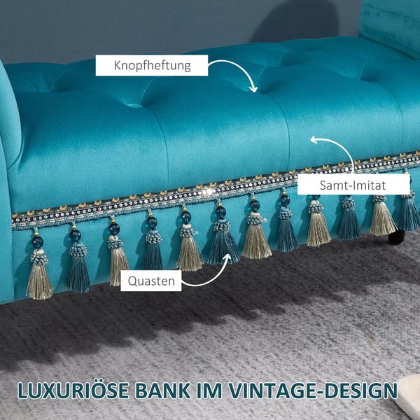 HOMCOM siddebænk, luksuriøs polstret bænk, taburet af polyester og skum, stilfuld, blå, 117x40x58cm