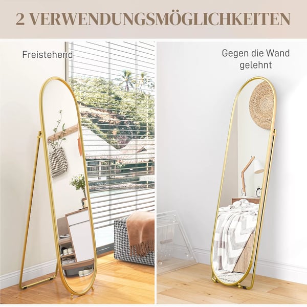 HOMCOM helkropsspejl, 160 x 40 cm vægspejl med stativ, metalramme, ovalt gulvspejl til stue, soveværelse, guld