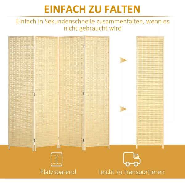HOMCOM 4-Panels Bambus Rumdeler Skærm, 180x180cm, Foldbar Privatlivsskærm i Naturfarve