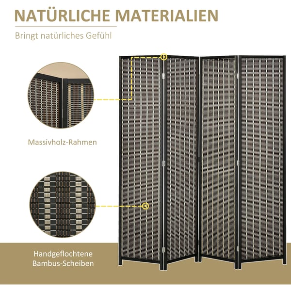 HOMCOM Foldbar Rumdeler 4-delt 180x180 cm, Afskærmning af Bambus, Brun