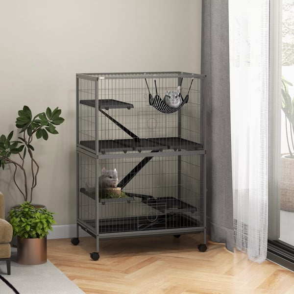 Buren för gnagare Multifunktionell 4 plattformar 3 ramper 4 dörrar Mått. 80L x 52B x 128H cm Stål Grå Silver Svart
