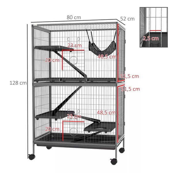 Buren för gnagare Multifunktionell 4 plattformar 3 ramper 4 dörrar Mått. 80L x 52B x 128H cm Stål Grå Silver Svart