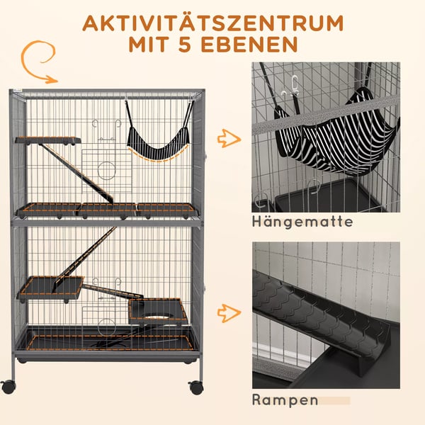 Buren för gnagare Multifunktionell 4 plattformar 3 ramper 4 dörrar Mått. 80L x 52B x 128H cm Stål Grå Silver Svart