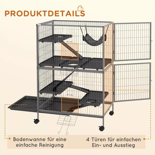 Buren för gnagare Multifunktionell 4 plattformar 3 ramper 4 dörrar Mått. 80L x 52B x 128H cm Stål Grå Silver Svart