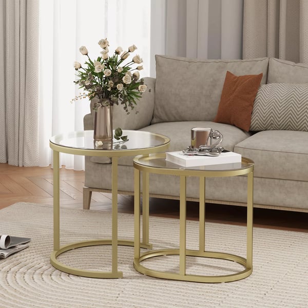 HOMCOM sofabord, rundt 2-stk. sæt, stablingsbart sidebord med stålramme, stuebord, sofabord til stue, soveværelse, guld