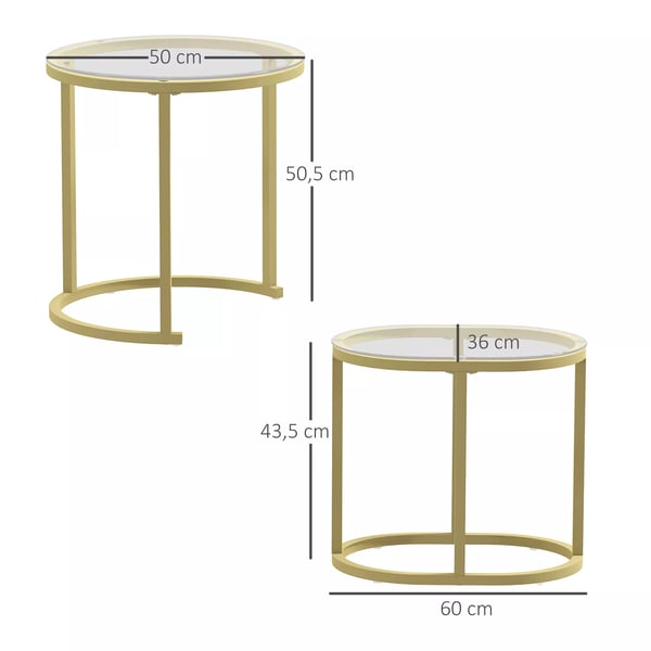 HOMCOM sofabord, rundt 2-stk. sæt, stablingsbart sidebord med stålramme, stuebord, sofabord til stue, soveværelse, guld