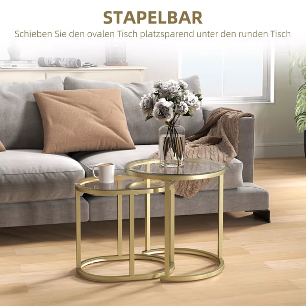 HOMCOM sofabord, rundt 2-stk. sæt, stablingsbart sidebord med stålramme, stuebord, sofabord til stue, soveværelse, guld