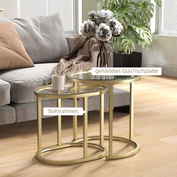 HOMCOM sofabord, rundt 2-stk. sæt, stablingsbart sidebord med stålramme, stuebord, sofabord til stue, soveværelse, guld