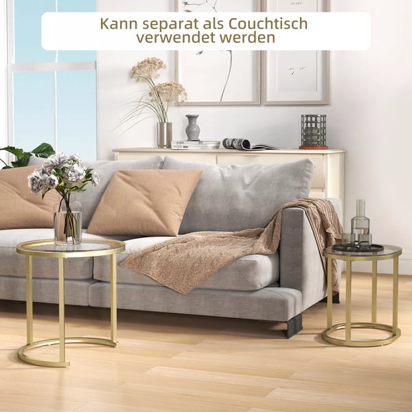 HOMCOM sofabord, rundt 2-stk. sæt, stablingsbart sidebord med stålramme, stuebord, sofabord til stue, soveværelse, guld