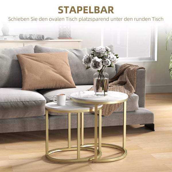 HOMCOM Soffbord Rund & Oval 2-pack Stapelbart med Stålram Vit MDF
