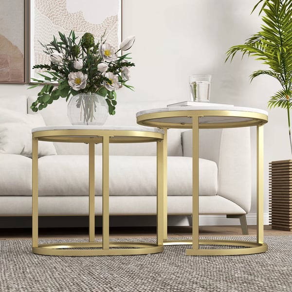 HOMCOM Soffbord Rund & Oval 2-pack Stapelbart med Stålram Vit MDF