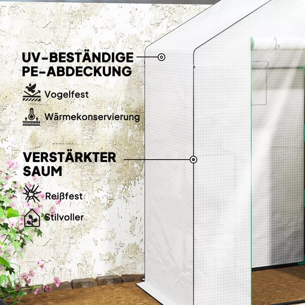 Outsunny Drivhus i Plast med Hylder og Rulledør, Vinterfast Folie, 143x74x190 cm, Hvidt