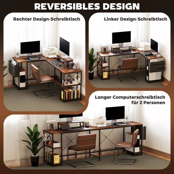 HOMCOM L-formet skrivebord 168x120 cm, hjørneskrivebord med hylder og monitorstander, vendbart, rustik brun