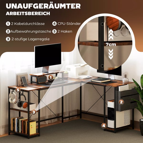 HOMCOM L-formet skrivebord 168x120 cm, hjørneskrivebord med hylder og monitorstander, vendbart, rustik brun