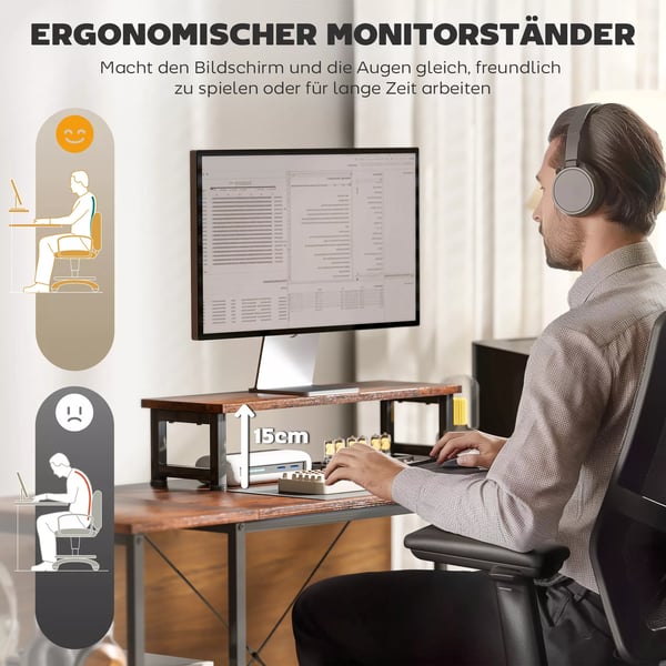 HOMCOM L-formet skrivebord 168x120 cm, hjørneskrivebord med hylder og monitorstander, vendbart, rustik brun