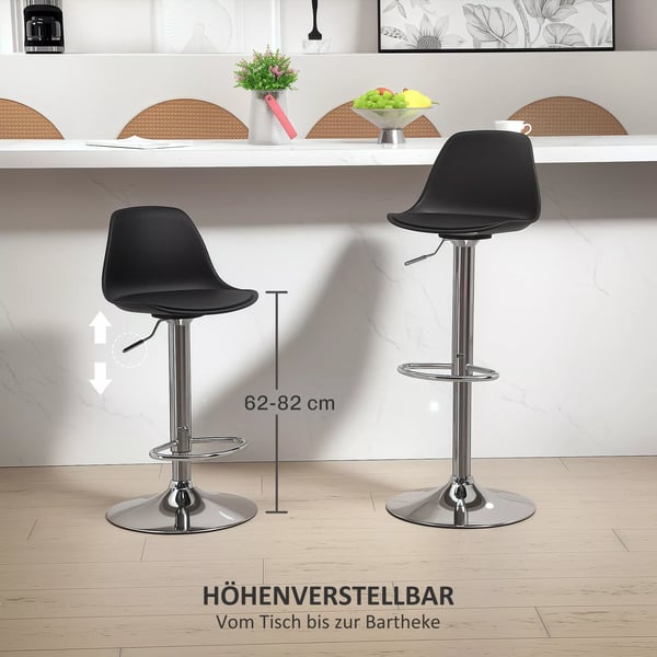 HOMCOM Barstolesæt (2 stk.) - Sort Kunstlæder, Højdejusterbar, Drejelig, Med Ryglæn og Fodstøtte, Stålramme