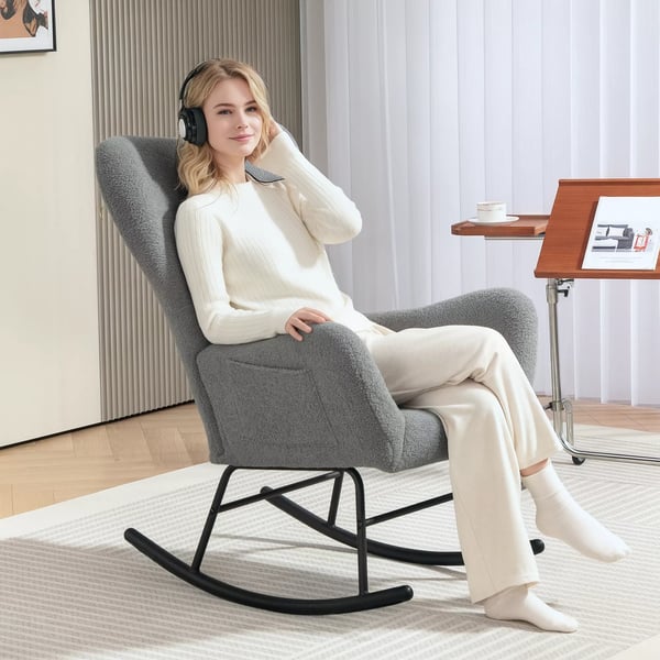 HOMCOM Gyngestol med Teddyfleece, armlæn, træskinner, lændepude, sidelomme, grå